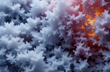Aufkleber - Abstract image of frost-covered leaves, transitioning from cool blues and grays to warm oranges and reds, creating a dramatic, textured, and almost glowing effect.