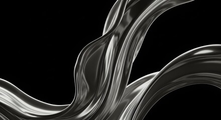 Poster - Abstract silver metallic fabric flowing against a dark background with smooth curves and reflections