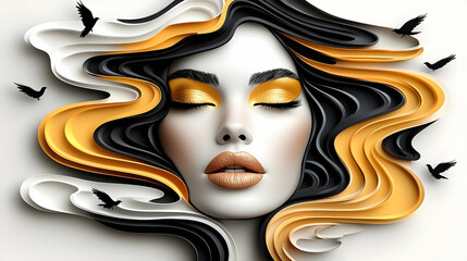 Wall Mural - Stylish abstract woman's face with flowing golden and black hair.