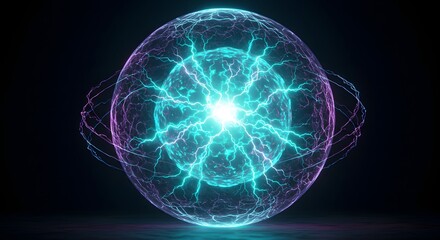 Poster - A glowing orb of energy with lightning emanating from its core on a dark and reflective surface