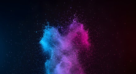 Poster - An explosion of vibrant colors blue pink and purple against a dark black background with many particles