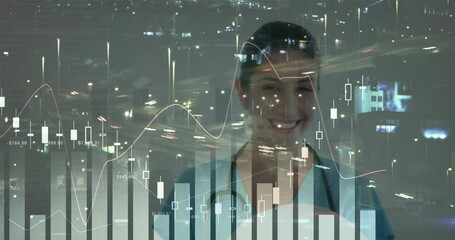 Poster - female nurse wearing scrubs and stethoscope in city night, displaying floating finance charts