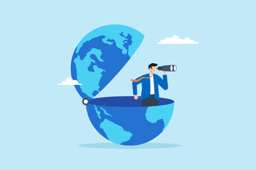 Poster - Flat illustration of smart businessman open globe using binoculars searching future international business opportunities world economic vision