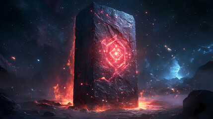 Wall Mural - Illustrate an ancient monolith in space emitting mysterious energy glowing celestial runes adorn its surface sci-fi, cg captivating and extraordinary. Graviton Monolith. Illustration