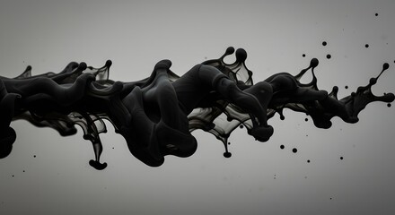 Poster - A dramatic black ink splash with droplets and flowing shapes against a light gray background