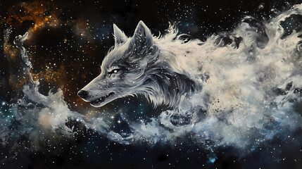 Wall Mural - Celestial canine, a wolf composed of starlight and cosmic dust against a dark nebula backdrop. ethereal beauty meets wilderness spirit. Starlight Fang. Illustration