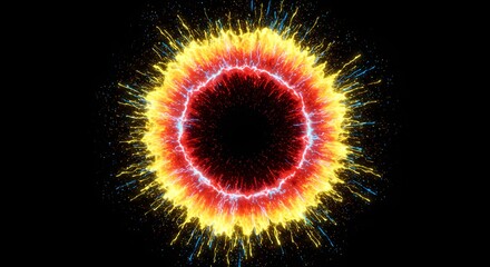 Poster - Abstract glowing ring of fire with yellow and blue sparks on a black background creating a portal