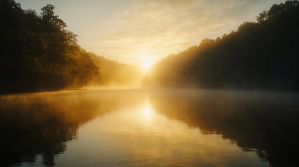 Aufkleber - Sunrise over calm lake, misty morning, golden light reflecting on water, trees on both sides.