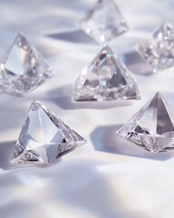 Aufkleber - Sparkling crystal pyramids scattered on a silk surface, illuminated by soft light.