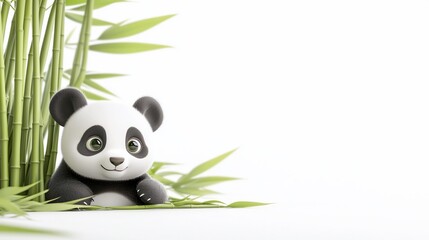 Poster - Adorable cartoon panda sitting amidst lush green bamboo stalks against a clean white background.