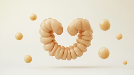 Aufkleber - Abstract beige heart shape formed by glossy, inflated tubes, surrounded by floating spheres on a white background.