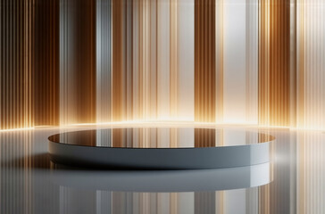 Poster - sleek, circular platform on a reflective surface, backlit by warm, vertical stripes. minimalist, ele