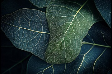 Poster - Close-up of intricate leaf veins, dark teal and green tones, natural texture.