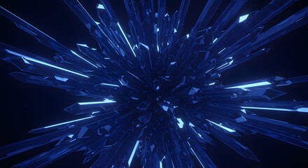Poster - Abstract blue crystal formation with sharp edges and glowing lights on a dark background design art
