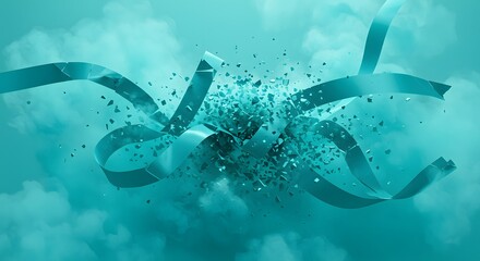 Poster - Abstract teal ribbons and shattered fragments against a cloudy teal background design element