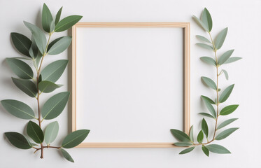 Aufkleber - wooden square frame on white background, adorned with fresh green leaves and branches, creating a na