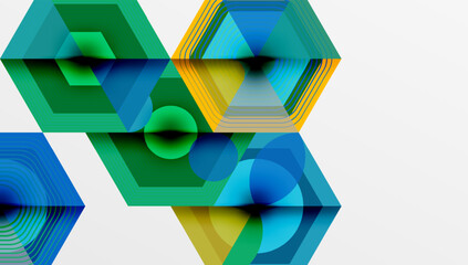 Leinwandbilder - Abstract geometric composition. Hexagons, circles overlap creating vibrant color gradients. Modern design, clean lines, visual harmony.