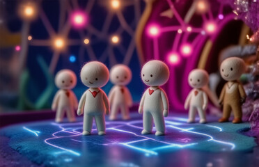 Aufkleber - here's the response: a group of stylized figures gather on a platform beneath glowing orbs. the scen
