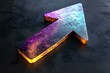 © Undersea - Glowing arrow symbol with vibrant purple and orange neon lighting effect on dark textured background, modern directional design element for business concepts.