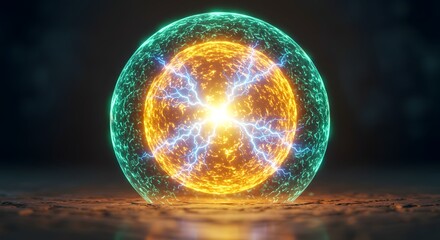 Poster - Glowing orb with electric arcs and a green energy shield on a textured surface in a dark environment