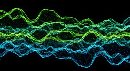 Poster - Abstract wavy lines in green and blue hues against a dark background with scattered light particles