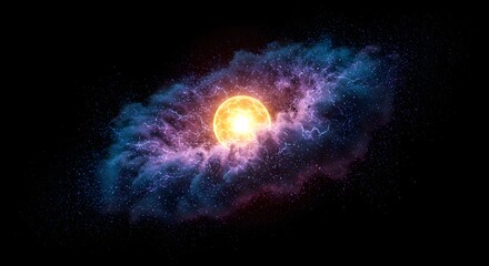 Poster - A glowing orb surrounded by swirling nebula clouds and electric discharges in a dark cosmic space