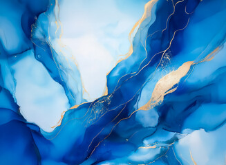 Poster - Hints: Image has fluid, flowing shapes with blue tones and gold accents.

Abstract artwork featuring flowing blue watercolor design with gold accents. Dynamic shapes create a sense of movement. Artist