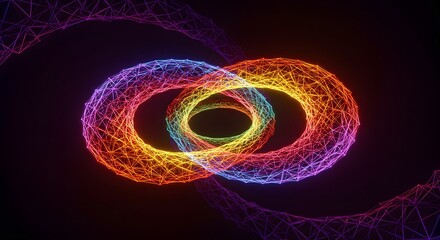 Poster - A vibrant interconnected network of colorful rings against a dark background with glowing lines