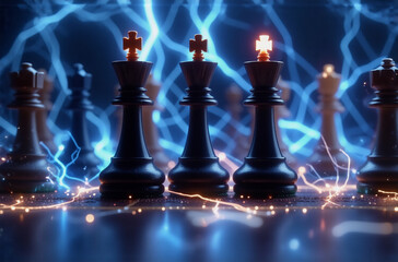 Poster - Five chess kings stand illuminated, a powerful energy surging behind them, suggesting strategic dominance and potential for conflict.