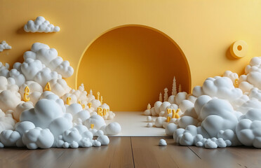 Aufkleber - a minimalist 3d rendering of a whimsical scene. white puffy clouds and small yellow shapes surround 