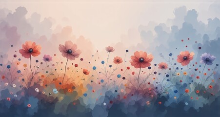 Fototapete - Here's a description and keywords:

Vibrant, colorful blossoms dance in a hazy, dreamlike landscape. Hints of orange, red, and blue blend gracefully in a soft, airy scene, reminiscent of a watercolor 