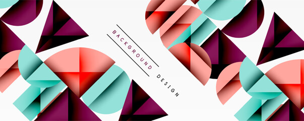 Poster - Abstract geometric shapes, vibrant colors, modern design. Composition features triangles, circles, rectangles, overlapping layers. Minimalist aesthetic.