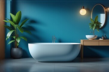 Poster - Serene bathroom interior with teal walls, freestanding tub, wooden vanity, and lush potted plants.  Modern design with soft lighting.