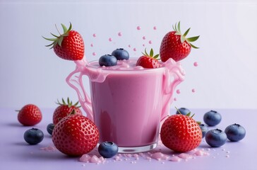 Poster - Pink smoothie overflowing with fresh strawberries and blueberries; vibrant splash; creamy texture; delicious, healthy treat.