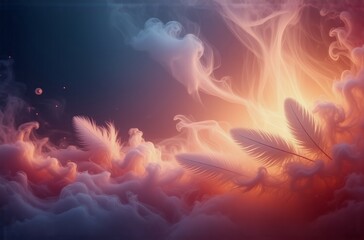 Poster - Ethereal cloudscape, vibrant sunset hues, soft feathers gently resting on a dreamy, swirling expanse.  A sense of peace and tranquility pervades the scene.