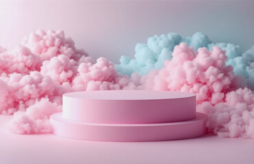 Poster - A pink podium is centered amidst soft pink and blue fluffy clouds, creating a dreamy and pastel aesthetic. Ideal for product display with a gentle, elegant backdrop.