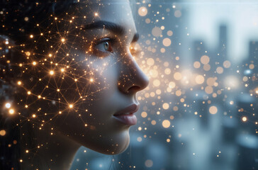 Poster - a woman's profile is illuminated by a glowing network of dots and lines, evoking futuristic technolo