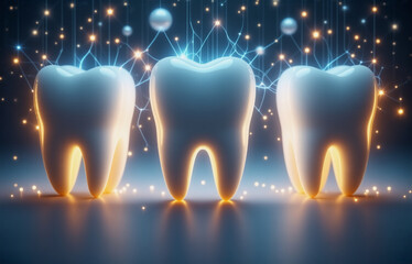 Poster - three gleaming teeth, illuminated by a futuristic, glowing network, represent advanced dental care a