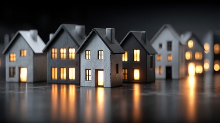 Poster - Row of colorful houses with a warmly lit window symbolizing community and blockchain-backed social housing concept