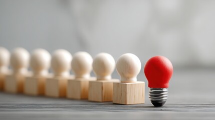 Poster - Red light bulb on wooden block illustrating creative leadership icon concept for inspiring teams through innovation
