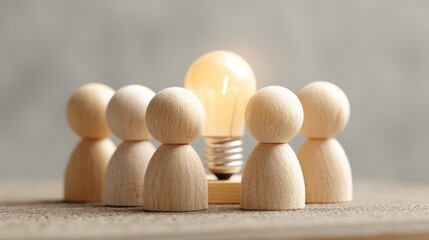 Poster - Inspiring leadership concept with a lightbulb surrounded by wooden figures representing creative team collaboration