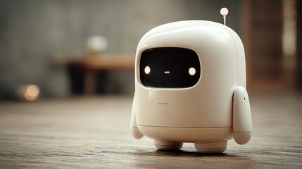 Poster - Interactive customer support concept depicted by a robot on a table symbolizing ai assistance in service environments