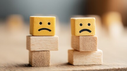 Poster - Two wooden blocks with a sad face illustrating customer satisfaction challenges and the concept of positive experience in business