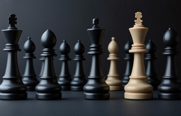 Poster - A single light-colored chess king stands out against a group of dark-colored pieces.  The contrast highlights leadership, strategy, and the potential for conflict.