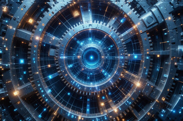 Poster - A circular, complex geometric structure with radiating rings and glowing blue and orange lights.  It evokes a sense of futuristic technology, abstract machinery, and intricate digital design.