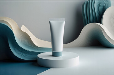 Poster - a sleek white cosmetic tube stands on a minimalist podium, set against a backdrop of flowing, pastel