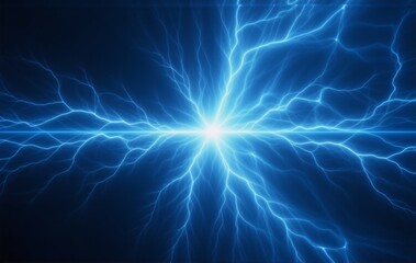 Fototapete - Intense blue energy bursts from a central point, radiating outward in a chaotic yet symmetrical pattern.  The vibrant glow illuminates the dark background, suggesting power and dynamism.