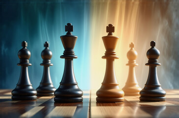 Poster - Chess pieces, kings facing each other, dark and light sides, strategic game, competition, dramatic lighting.