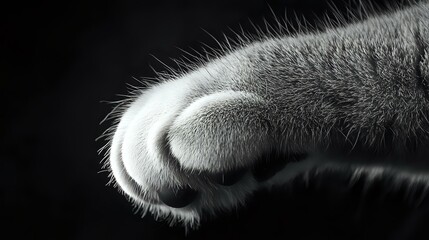 Wall Mural - Close-up monochrome macro shot of soft cat paw with delicate fur and paw pads against dark background, showing texture and gentle curves in black and white.