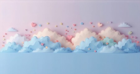Poster - Gentle, pastel-colored clouds adorned with heart-shaped objects float against a soft pink and blue backdrop. This dreamy scene evokes feelings of peace, serenity, and romance, perfectly complemented b